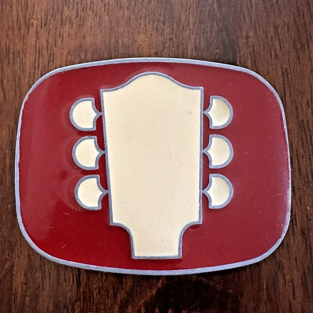 Guitar Headstock Belt Buckle‎ Red Enamel Silver Tone Metal 3